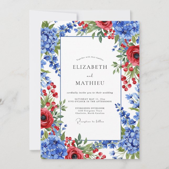 Invitación Boda de invierno vivaz rojo azul (Anverso)