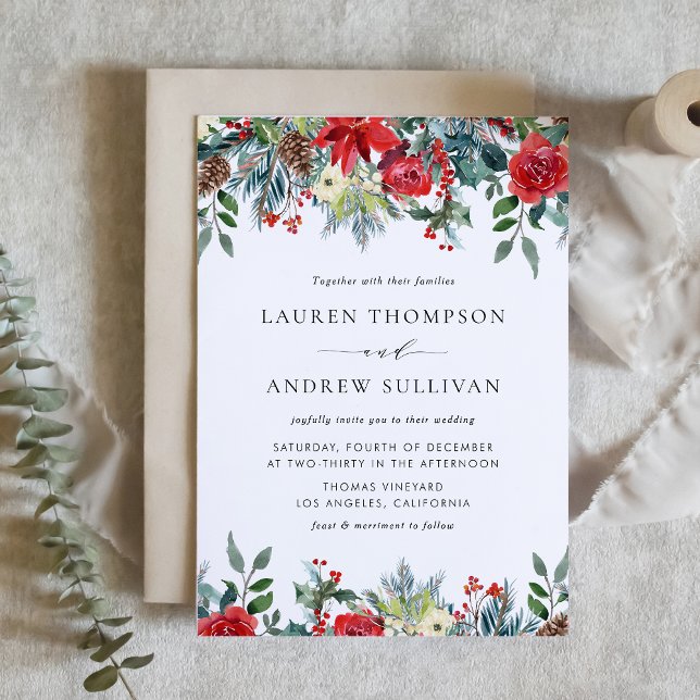 Invitación Boda de Invierno Watercolor Festive Floral Garland (Watercolor Festive Floral Garland Winter Wedding Invitation)