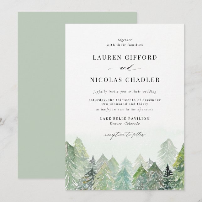 Invitación Boda de Invierno Watercolor Snowy Woodland (Anverso / Reverso)