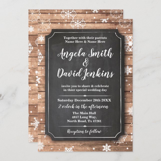 Invitación Boda De Invierno Wood Wonderland Chalk Snowflakes (Anverso / Reverso)