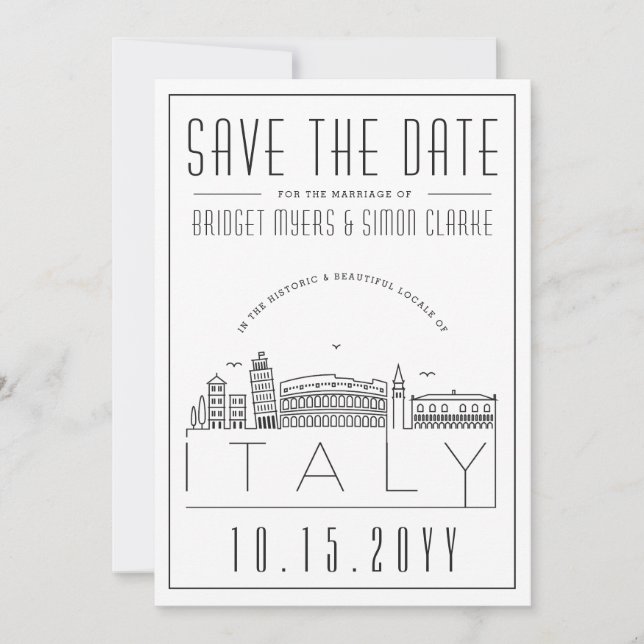 Invitación Boda de Italia | Estilizado Skyline Guardar la fec (Anverso)