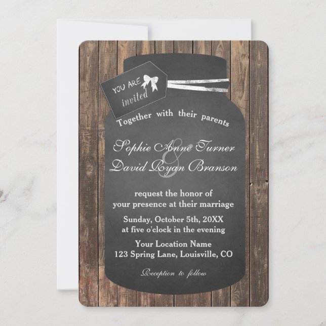 Invitación Boda de Jar Chalkboard único de Mason Rústica de m (Anverso)
