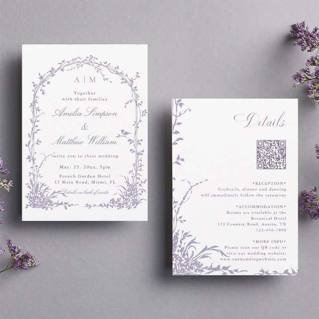 Invitación Boda de Jardín Arquitectónico Botánico de Lavanda  (Front & Back)