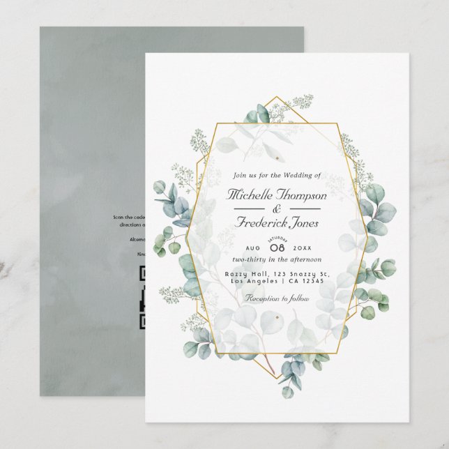 Invitación Boda de jardín con código QR de eucalipto geométri (Anverso / Reverso)