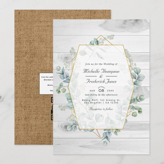 Invitación Boda de jardín con código QR eucalipto geométrico  (Anverso / Reverso)