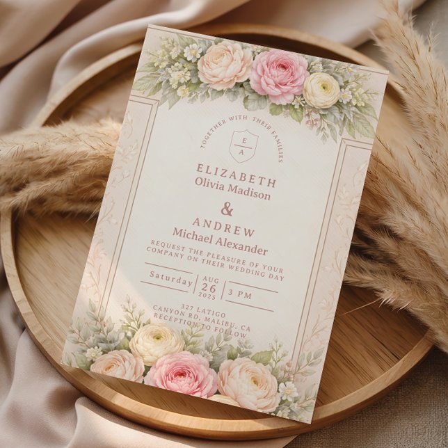 Invitación Boda de jardín con rosa ranunculus rosada (Subido por el creador)