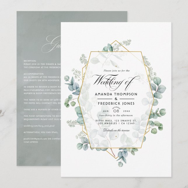Invitación Boda de jardín de eucalipto geométrico (Anverso / Reverso)