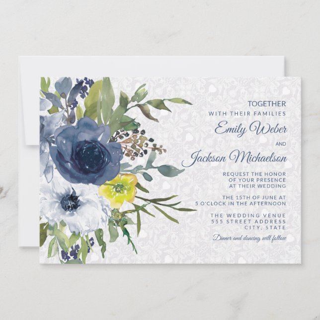 Invitación Boda de jardín de flores blancas amarillas y encaj (Anverso)