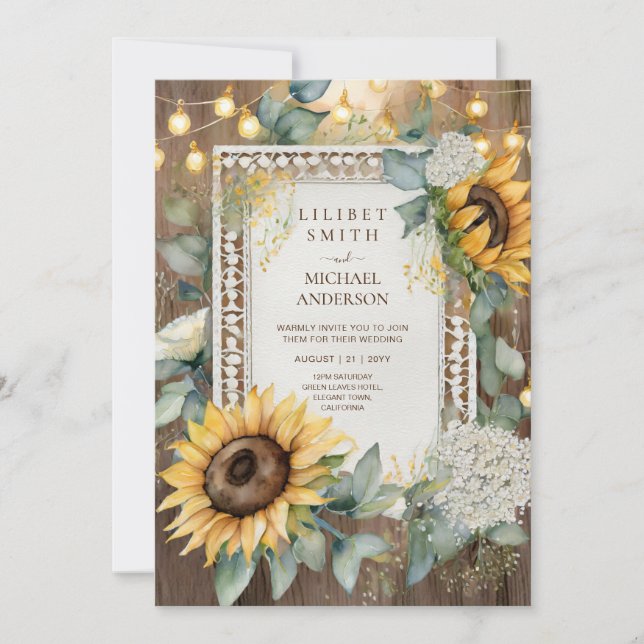 Invitación Boda de jardín de flores de girasol rústico (Anverso)
