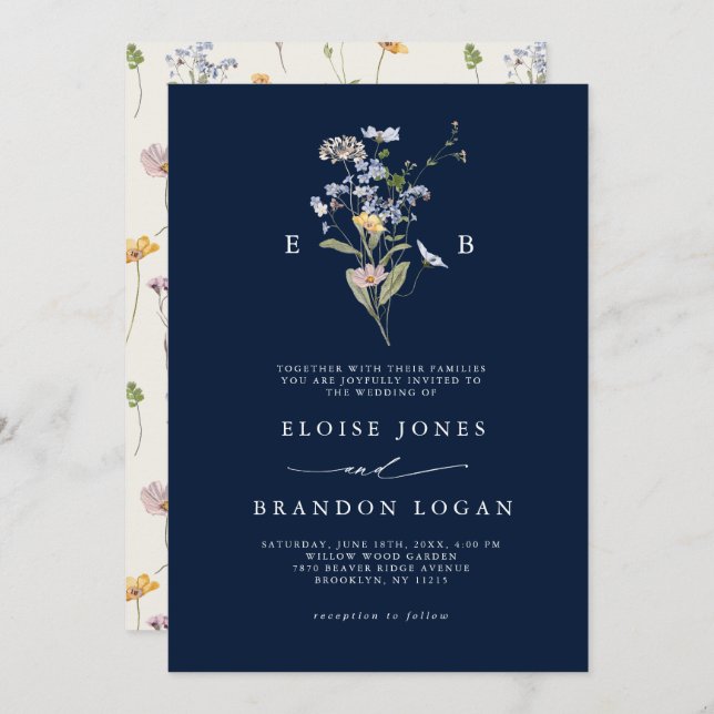 Invitación Boda de jardín de flores silvestres azul de la mar (Anverso / Reverso)