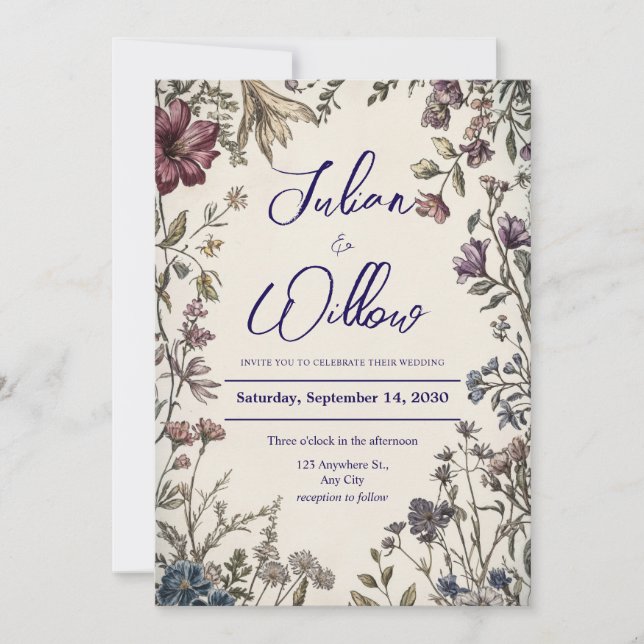 Invitación Boda de Jardín de Flores Silvestres Botánicas Vint (Anverso)