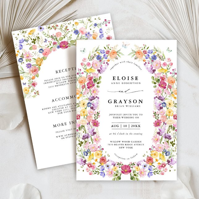 Invitación Boda de jardín de flores silvestres de primavera c (Colorful Spring Wildflower Meadow Garden all in one Wedding Invitation with details on back)