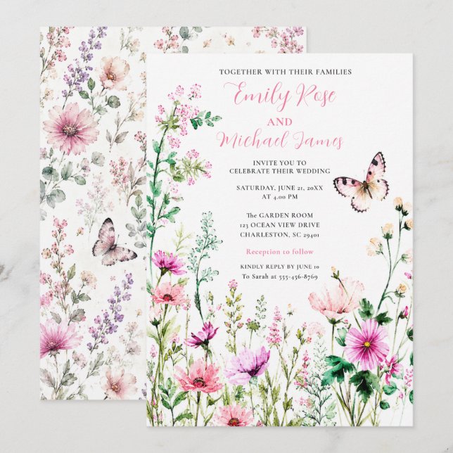 Invitación Boda de jardín de flores silvestres rosadas (Anverso / Reverso)
