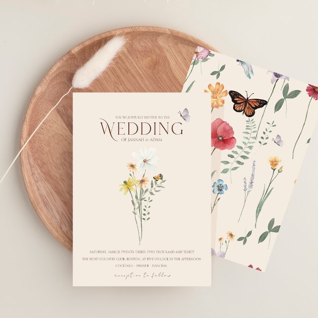 Invitación Boda de Jardín de Mariposas de Flor Silvestre Capr (Whimsical Daisy Yellow Wildflowers Wedding Invitation)