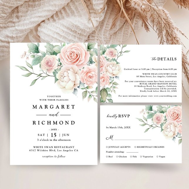 Invitación Boda de jardín de verano con flores rosadas de rom (Subido por el creador)