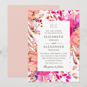 Invitación Boda de jardín floral color agua rosa y melocotón