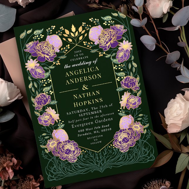 Invitación Boda de jardín floral con encanto morado y verde (Subido por el creador)