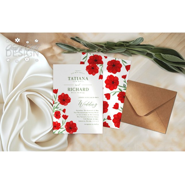 Invitación Boda de jardín floral de amapola en acuarela roja  (Subido por el creador)