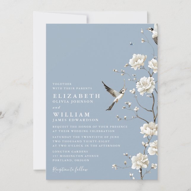 Invitación Boda de jardín floral de chinoiserie azul polvorie (Anverso)