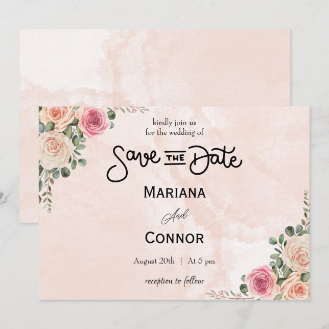Invitación Boda de jardín floral de crema rosa salva la fecha (Anverso / Reverso)