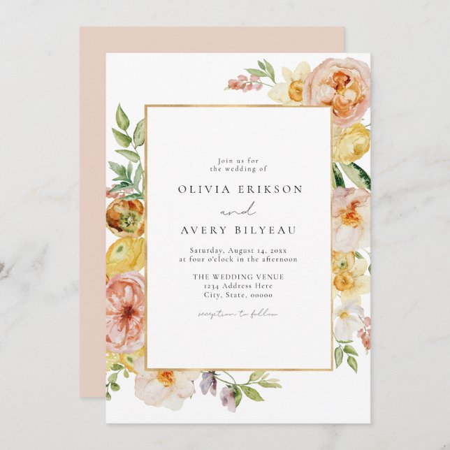 Invitación Boda de jardín floral de Rubor y Peach Pastel (Anverso / Reverso)