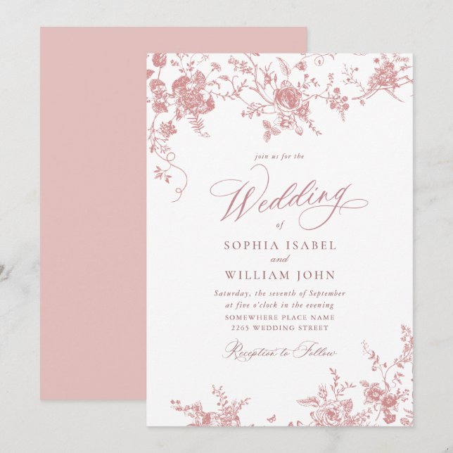 Invitación Boda de Jardín Francés Rosado de Rubor (Anverso / Reverso)
