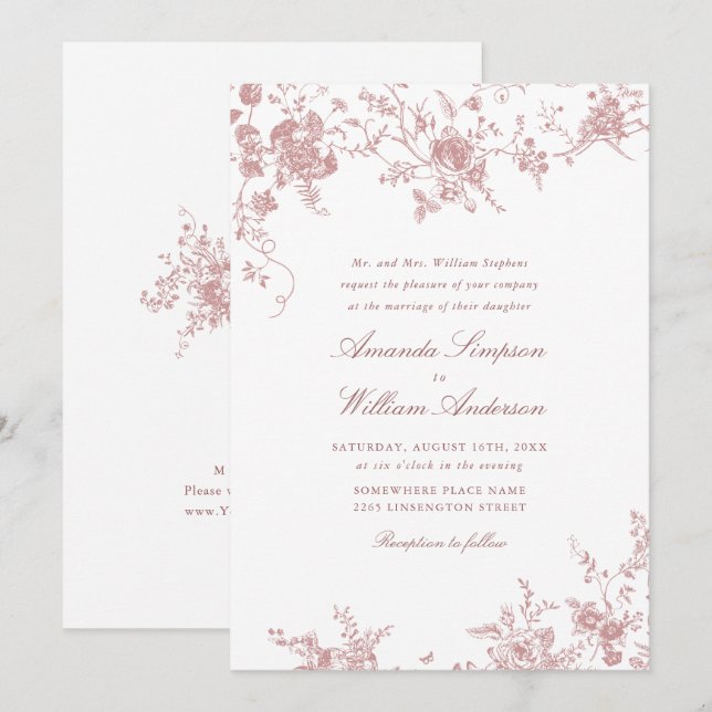 Invitación Boda de Jardín Francés Rosado de Rubor (Anverso / Reverso)