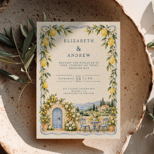 Invitación Boda de jardín italiano con limonero de puerta azu