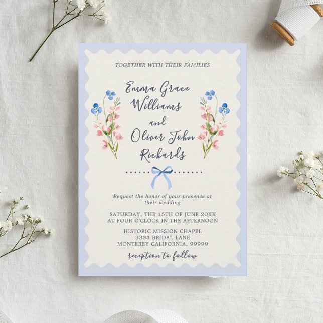 Invitación Boda de jardín romántico con flores azules (Floral Romantic Garden Wedding Invitation.)
