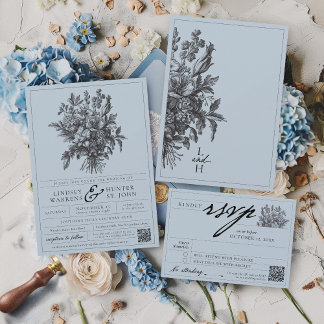 Invitación Boda de Jardín Romántico Floral Vintage Azul Polvo