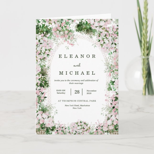 Invitación Boda de Jardín Rosa con Flores Románticas (Anverso)