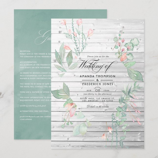 Invitación Boda de jardín rústico pastoral verde (Anverso / Reverso)