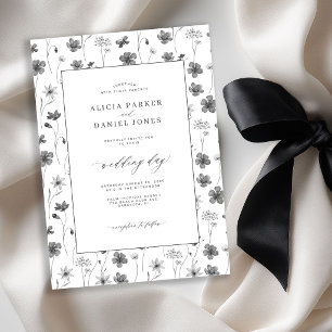 Invitación Boda de jardín silvestre floral en blanco y negro