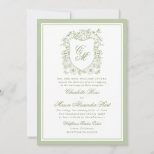 Invitación Boda de Jardín Verde Salvia Monograma Cresta
