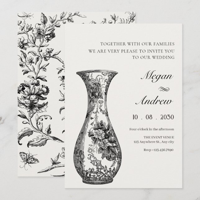 Invitación Boda de jarrón antiguo de época (Anverso / Reverso)