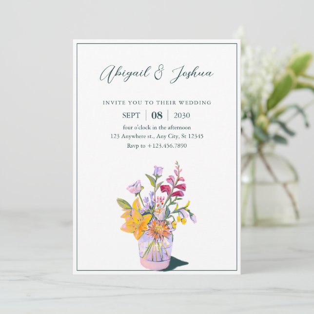 Invitación boda de jarrón de ramo de flores (Anverso de pie)