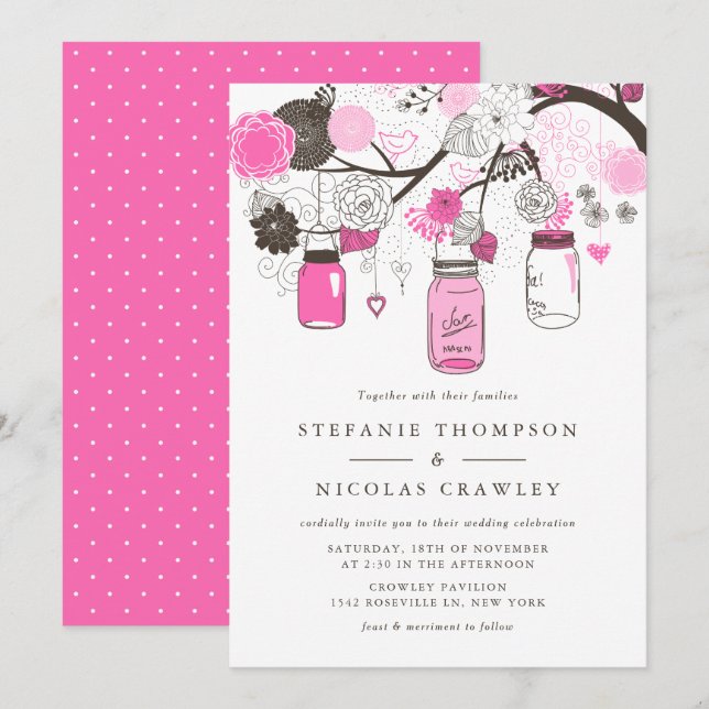 Invitación Boda de Jars de Mason colgado de color rosa calien (Anverso / Reverso)