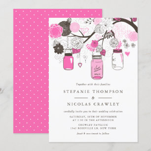 Invitación Boda de Jars de Mason colgado de color rosa calien