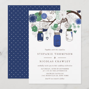 Invitación Boda de Jars de Mason colgando azul y verde de la 