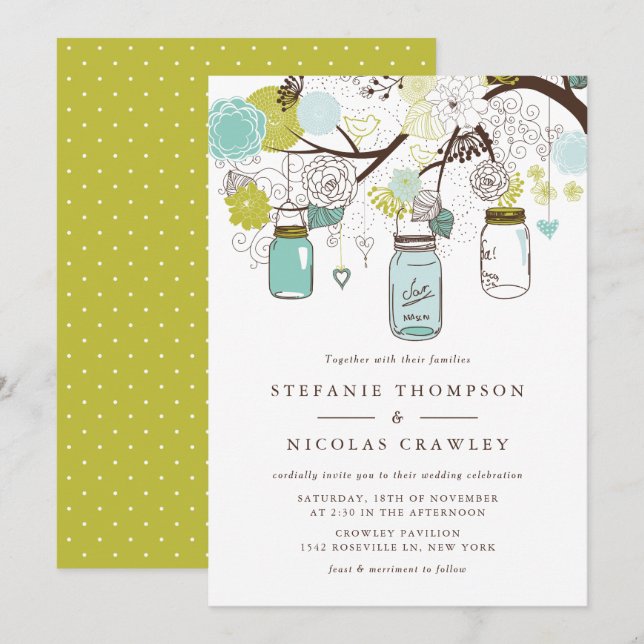 Invitación Boda de Jars Mason colgado verde y azul (Anverso / Reverso)