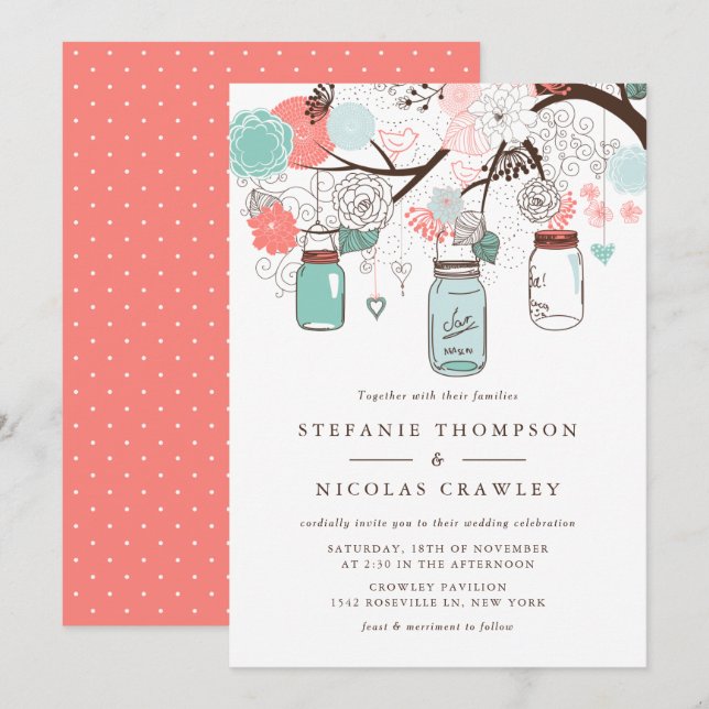 Invitación Boda de Jars Mason colgando azul y coral (Anverso / Reverso)