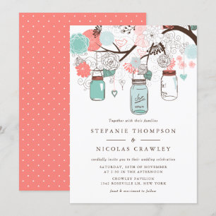 Invitación Boda de Jars Mason colgando azul y coral