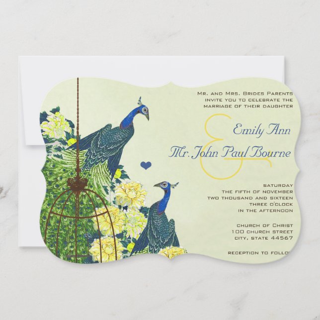 Invitación Boda de jaulas de pájaro marrón amarillo y marfil  (Anverso)