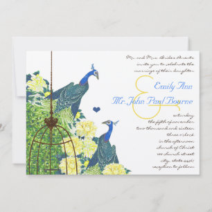 Invitación Boda de jaulas de pájaro verde azulado y amarillo
