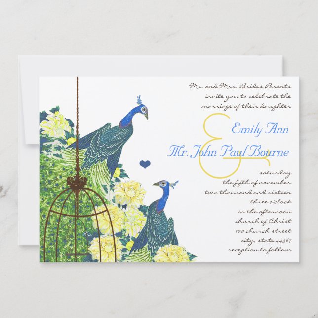 Invitación Boda de jaulas de pájaro verde azulado y amarillo (Anverso)