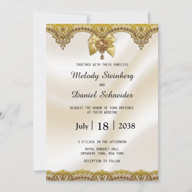 Invitación Boda de Joyas de Perlas Satin Cream Gold Lace (Anverso)