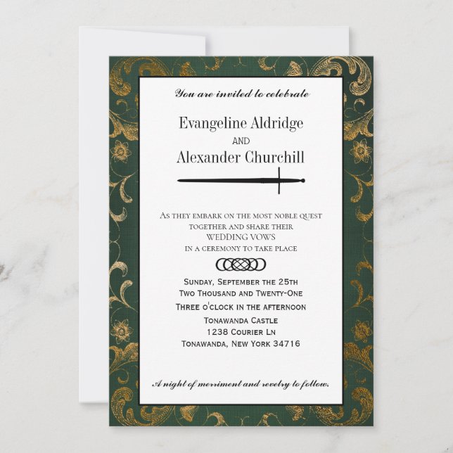 Invitación Boda de jugador de mesa elegante de espada medieva (Anverso)