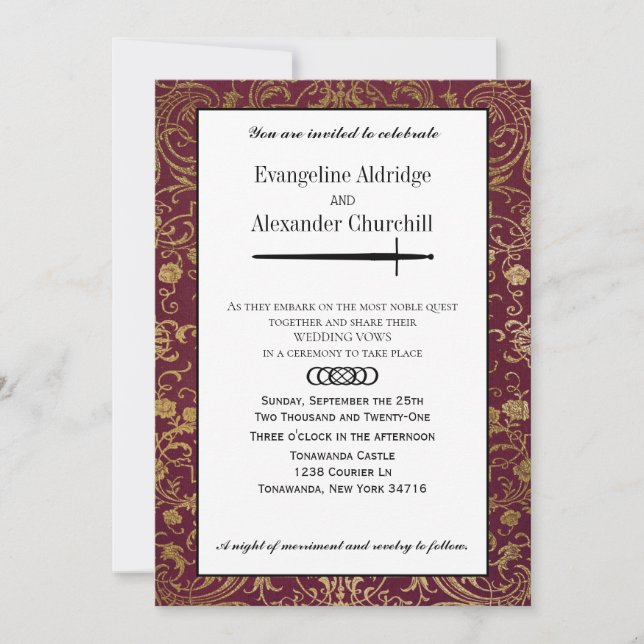 Invitación Boda de Jugador de Tabletop Elegante de Espada Med (Anverso)