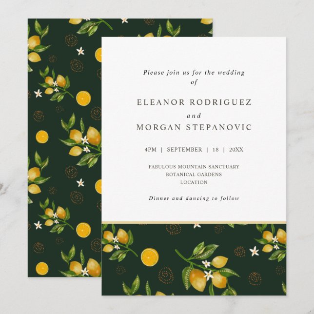 Invitación Boda de jugo de limones amarillos modernos (Anverso / Reverso)