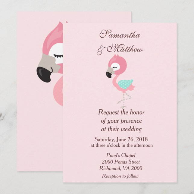 Invitación Boda de Kawaii Pink Flamingo (Anverso / Reverso)
